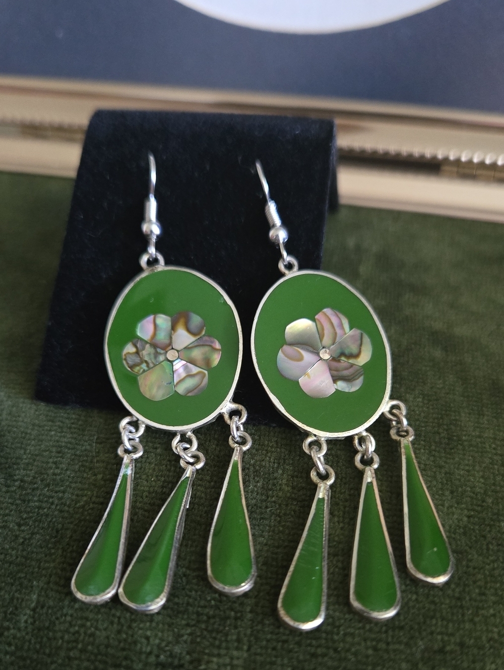 Mexico Alpaca Green Floral Mother Of Pearl Inlay Dangle Earrings